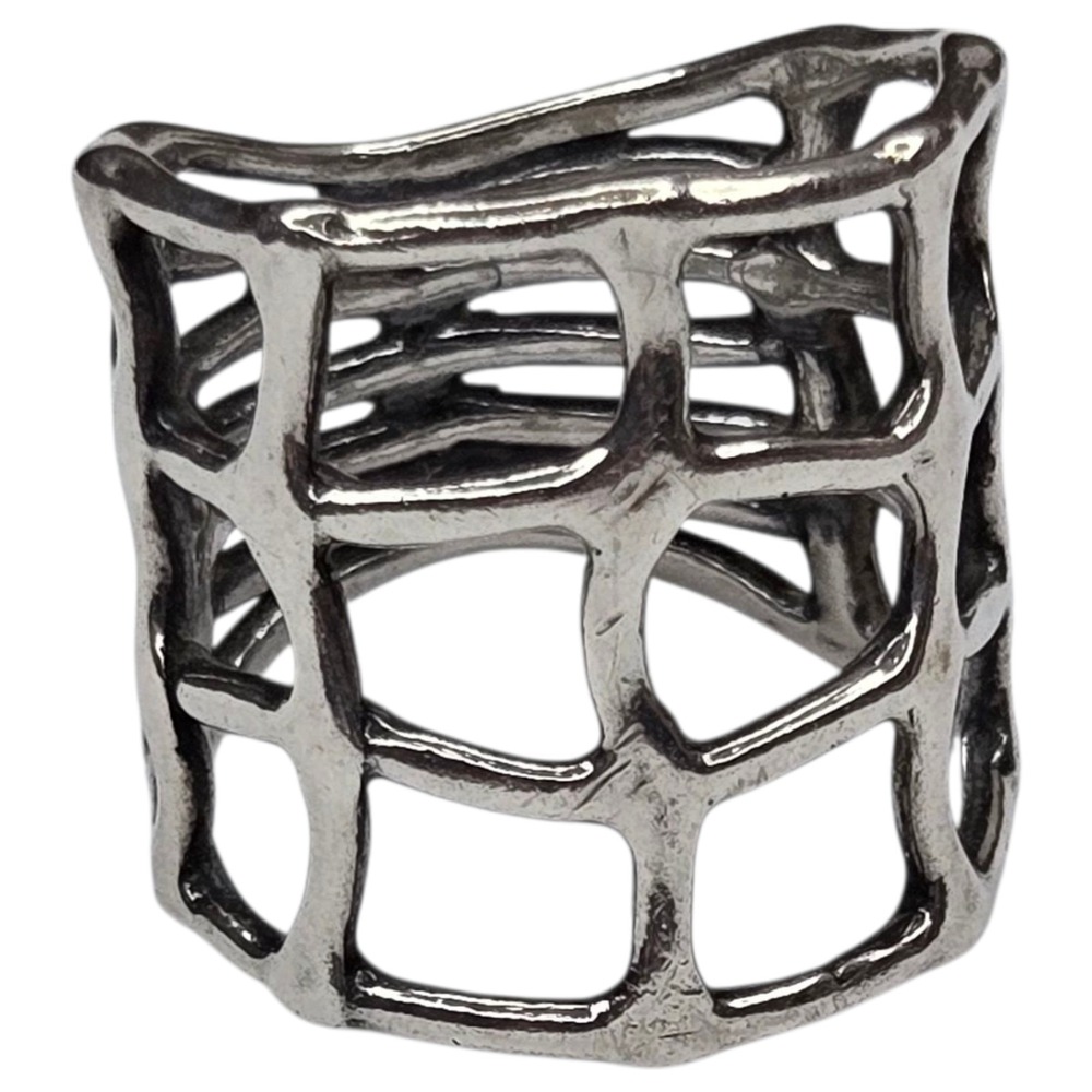 Vintage Woven Freeform Ring 925 Sterling Silver Size 7.5 Boho Wide Band Grid
